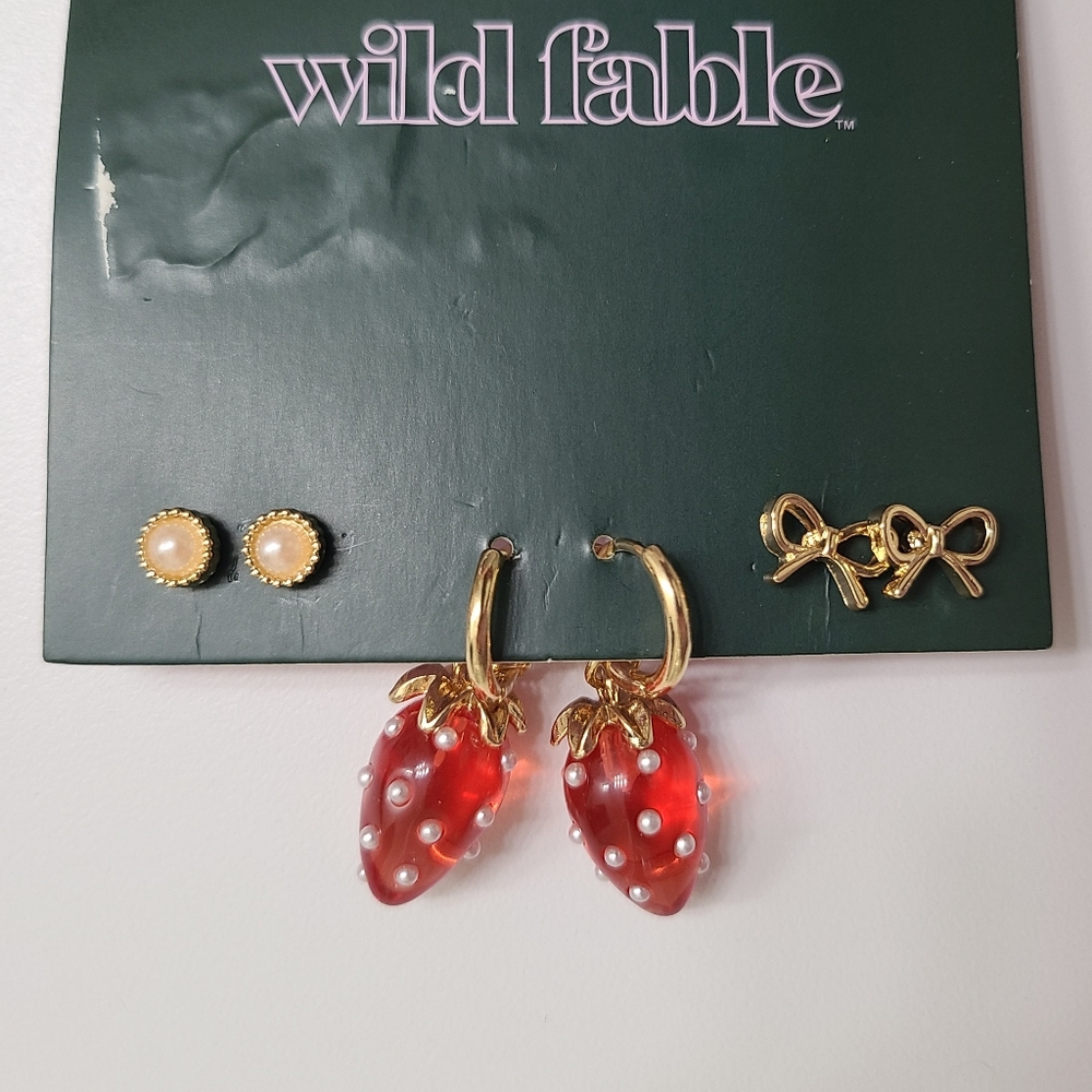 Wild Fable Bow Stud, Pearl Stud And Gold Red Strawberry Hoop Earrings